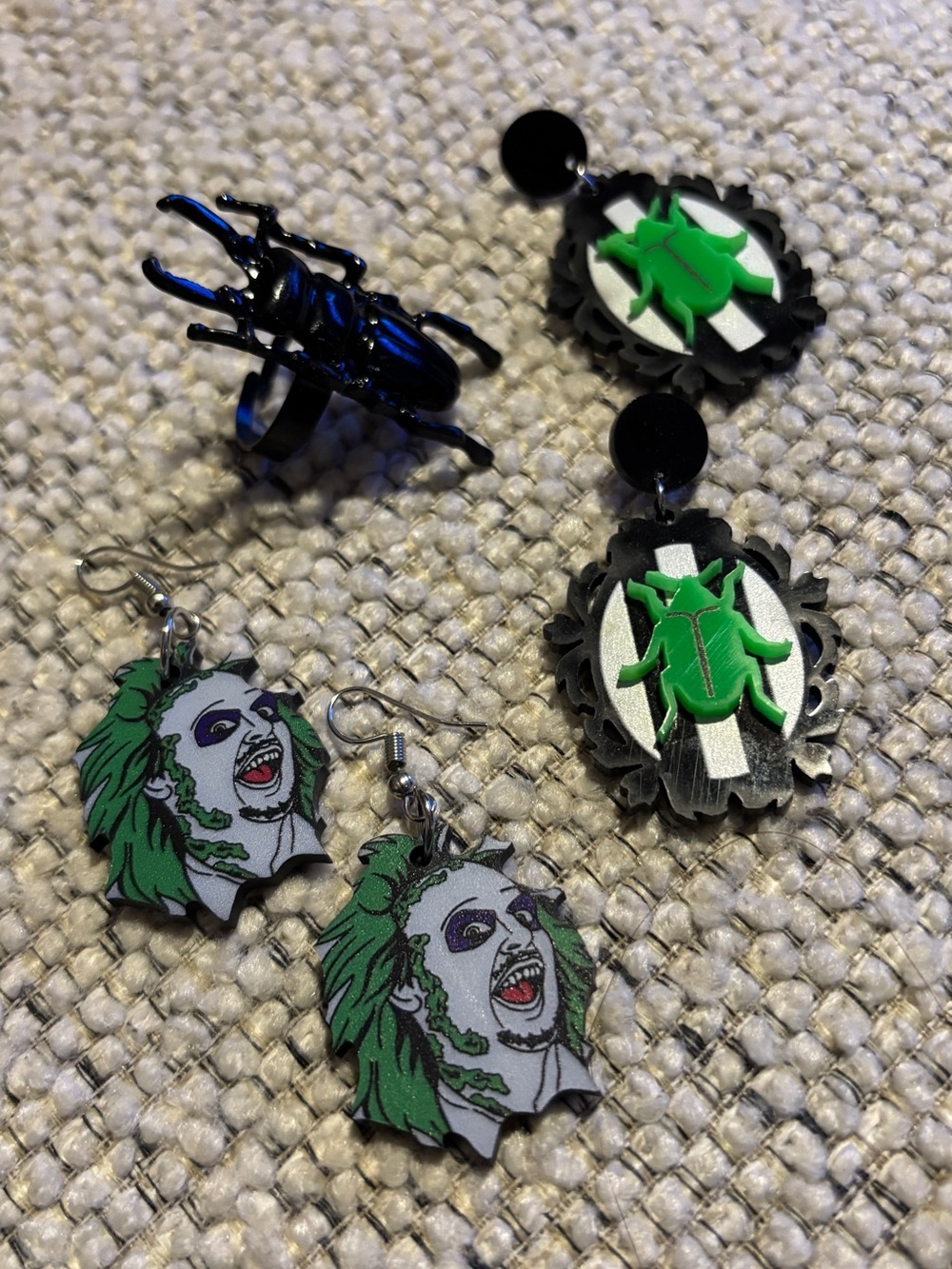 Beetlejuice earrings set and adjustable beetle ring